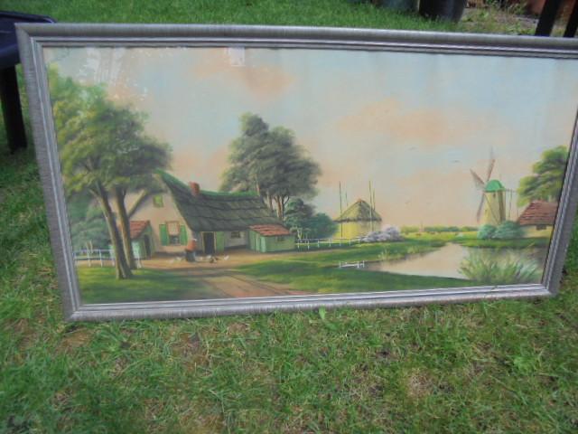 Softpastel tekening:  Boerderij-Molen-Hooiberg., Antiek en Kunst, Ophalen of Verzenden