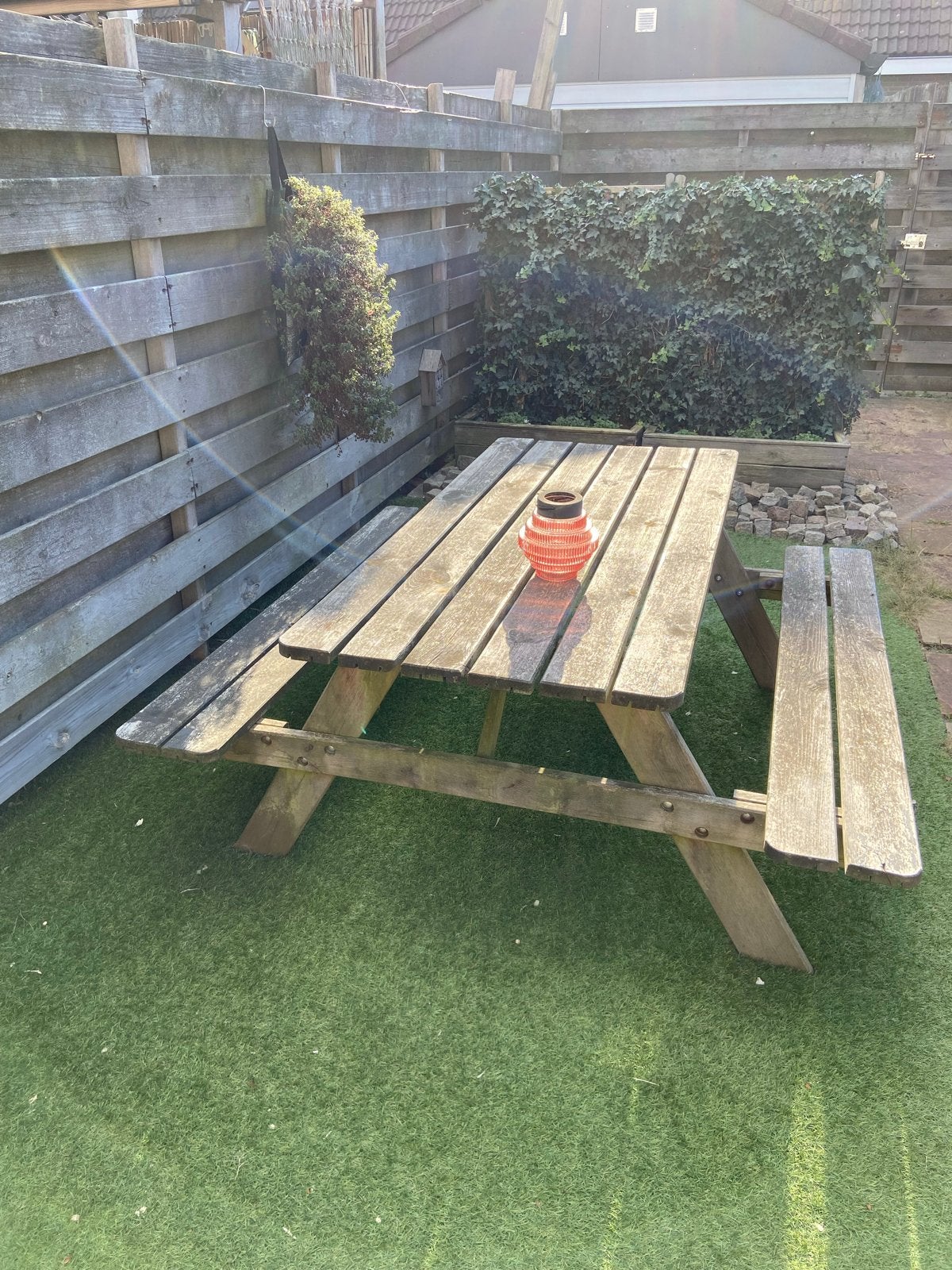 Houten picknicktafel met bankjes 1.50 x 1.50 m, Ophalen, Gebruikt, Rechthoekig, Hout
