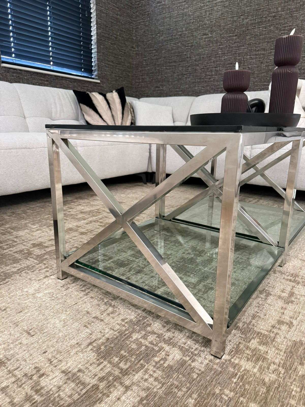 2 mooie glazen Riviera Maison salontafels, Ophalen, 50 – 75, 50 tot 100 cm, Vierkant