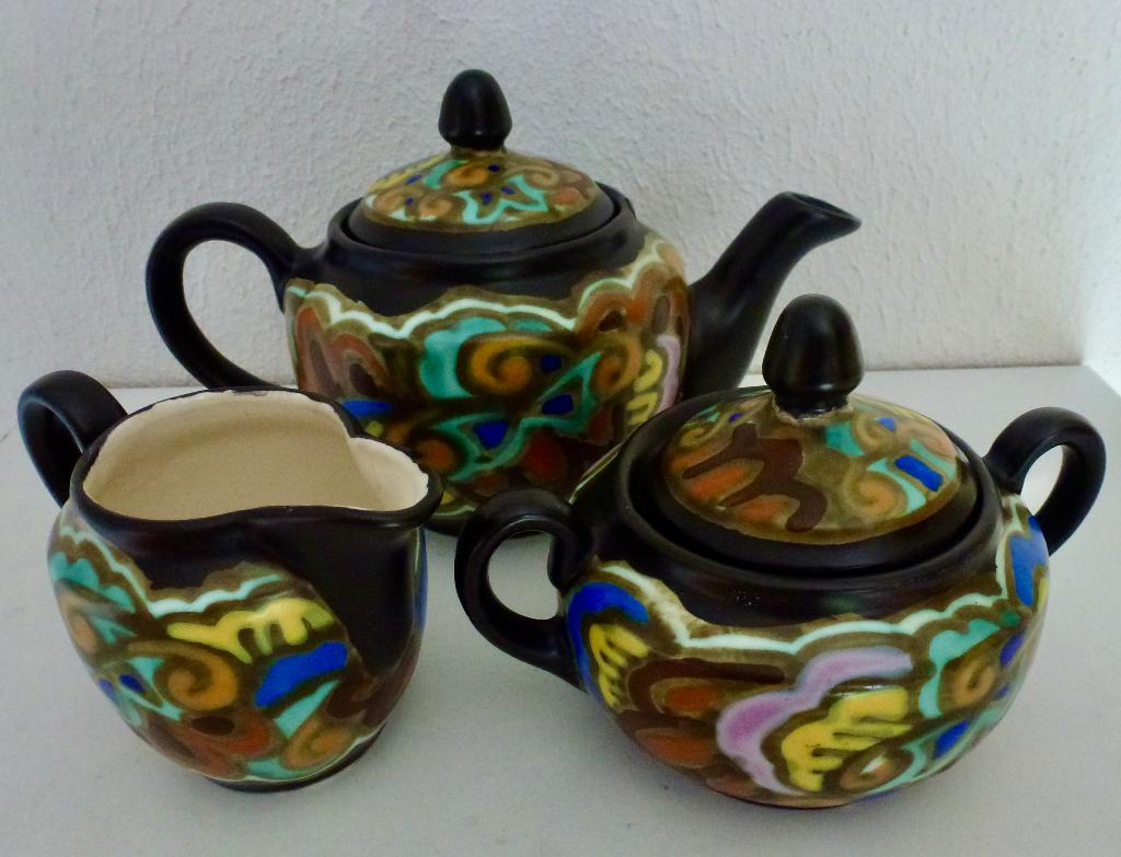 Vintage Belgisch keramisch theeservies van plateel., Antiek en Kunst, Verzenden