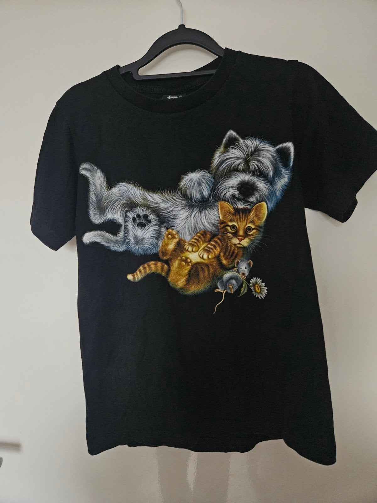 Zwart T-shirt met schattige kat en hond print, Kleding | Dames, Zwart, Ophalen of Verzenden, Korte mouw, Maat 36 (S)