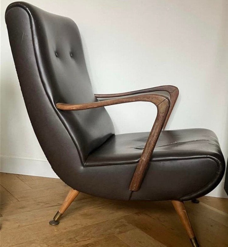 Vintage midcentury fauteuil met teak armleuningen skai leer, Gebruikt, Minder dan 75 cm, Ophalen of Verzenden, 50 tot 75 cm