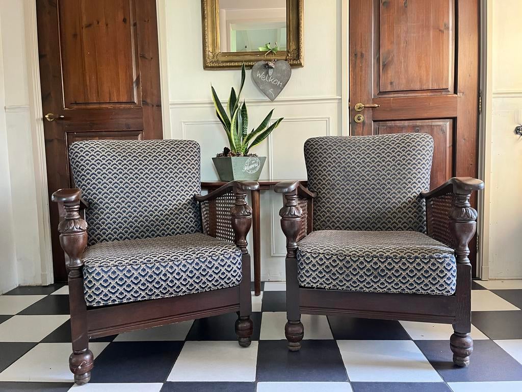 Antieke fauteuil met webbing zijkant- Jaren '20, Antiek en Kunst, Antiek | Meubels | Stoelen en Banken, Ophalen