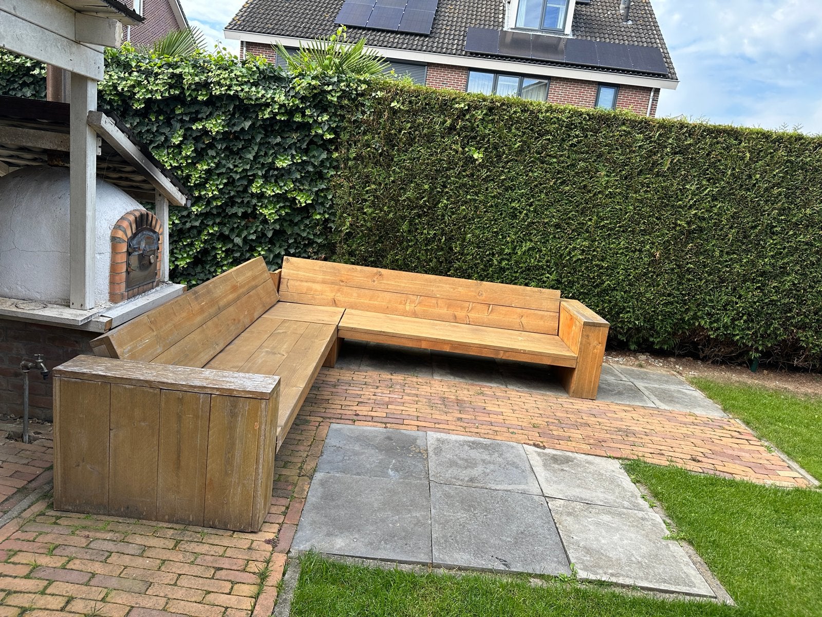 Steigerhouten hoekbank buiten - 3x3m, Tuin en Terras, Ophalen, Gebruikt, Hout
