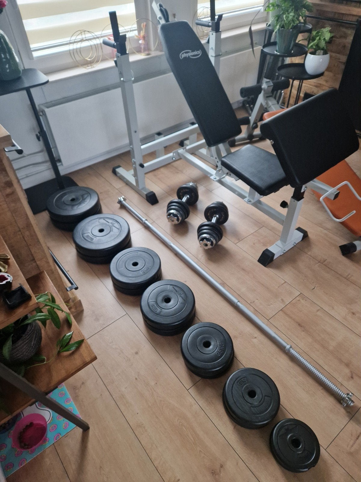 halterbank rechte stang dumbbells en rond 95kg gewichten, Sport en Fitness, Ophalen
