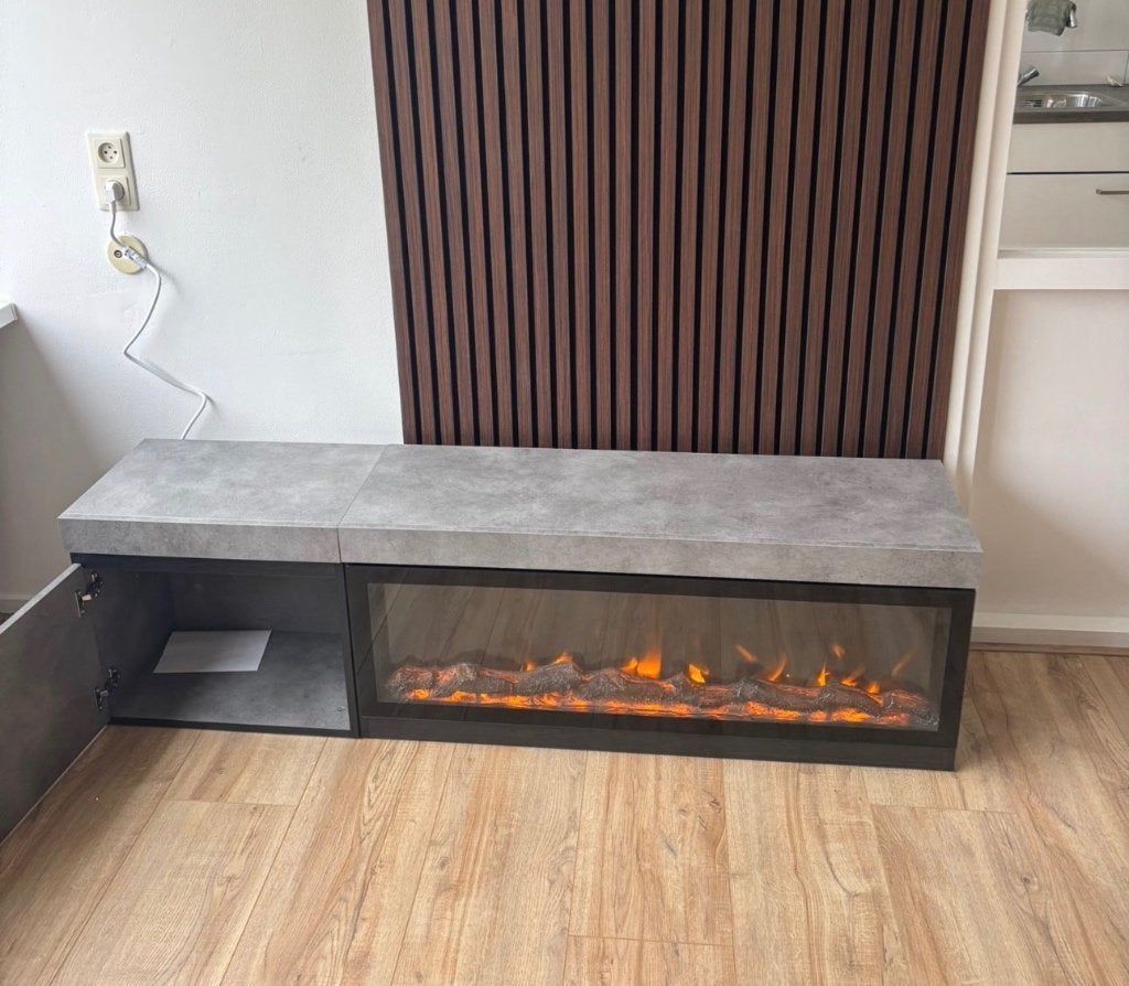 Betonlook tv meubel met led haard, Ophalen, Betonlook, 150 tot 200 cm, Zo goed als nieuw