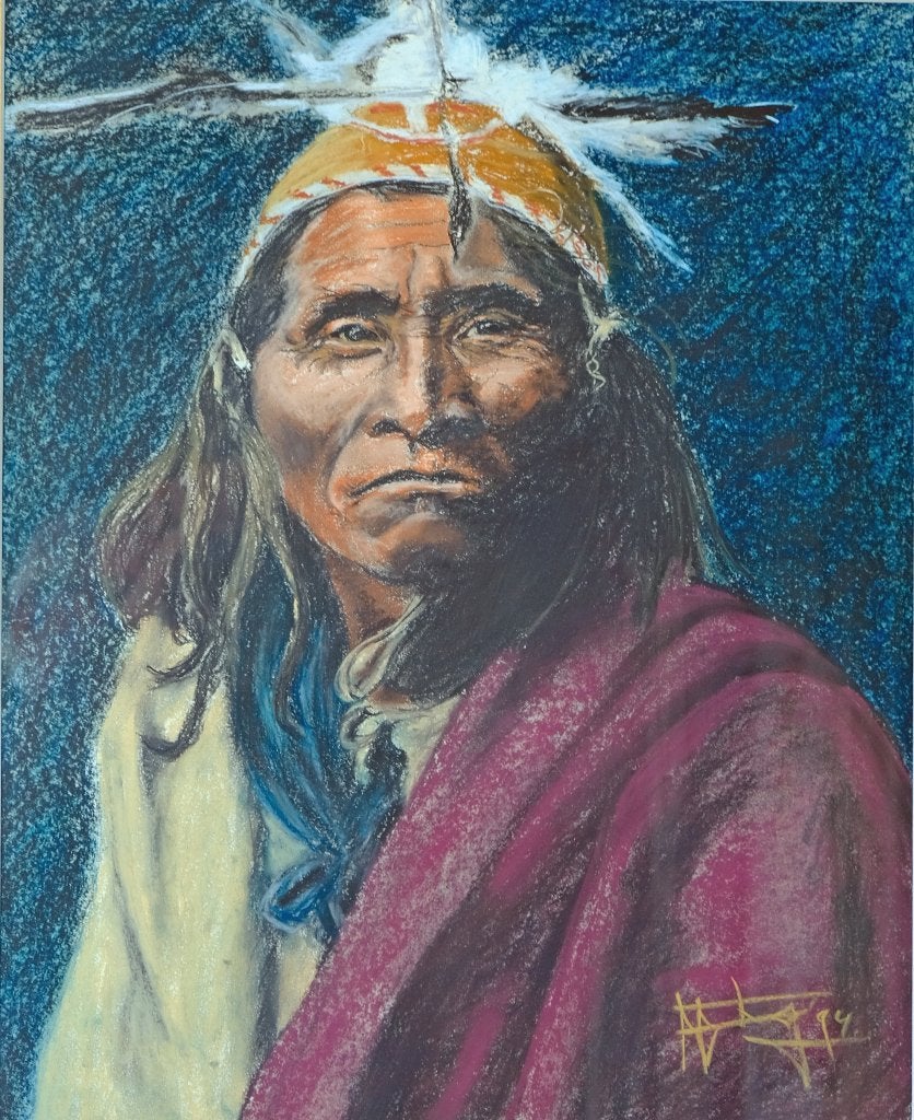 Uniek portret Apache Chief / Warrior (dus geen reproductie), Ophalen, Gouache, Bijzondere lijst, Portret of Personen