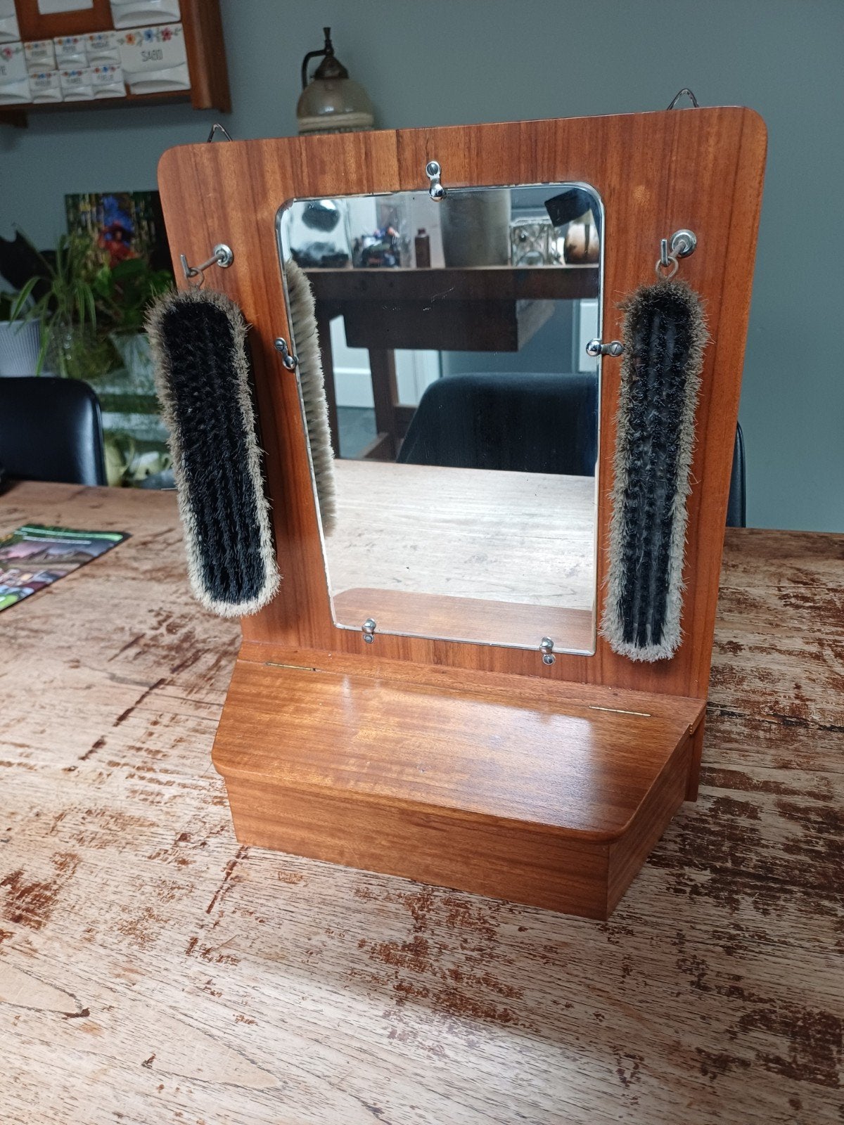 Vintage  teakhouten halspiegel, Huis en Inrichting, Minder dan 50 cm, Gebruikt, Onbekend, Ophalen of Verzenden