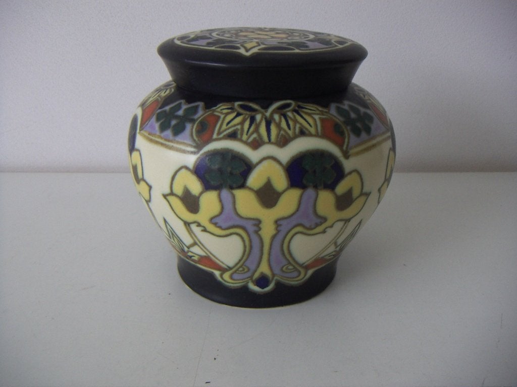Goedewaagen plateel keramiek dekselvaas. Art Nouveau decor., Huis en Inrichting, Meerkleurig, Ophalen of Verzenden, Zo goed als nieuw