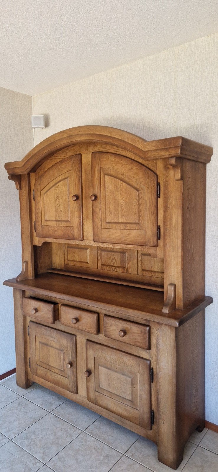 Massief eiken dressoir met opzetkast, Ophalen, Gebruikt, 100 tot 150 cm, Eikenhout
