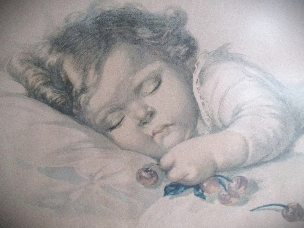 Fialkowska~2 grote tekeningen in lijst~Baby slapend wak, Antiek en Kunst, Ophalen of Verzenden