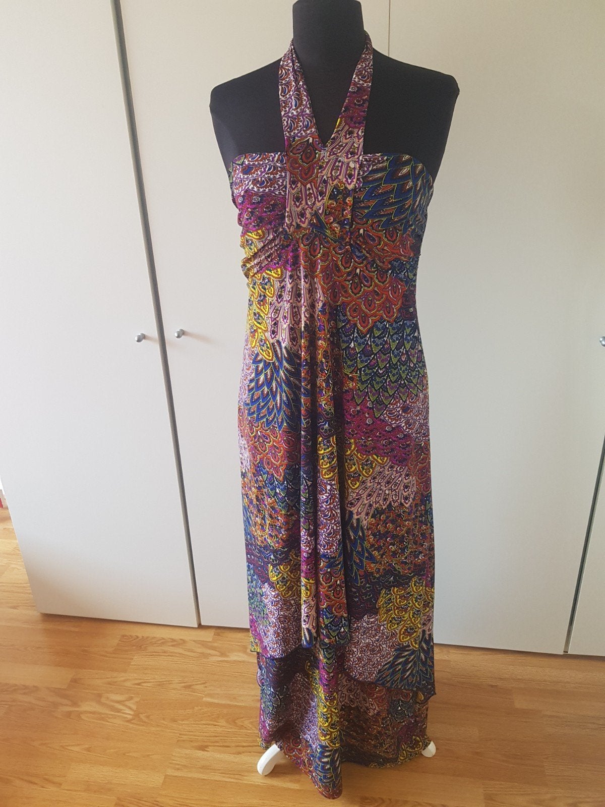 Kleurrijke Boho halter maxi-jurk met open rug - maat L, Kleding | Dames, Ophalen of Verzenden, Zo goed als nieuw, Maat 42/44 (L)