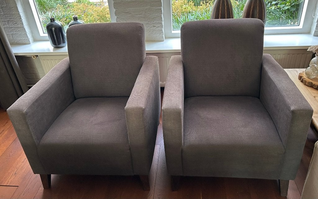 2 donkergrijze fauteuils, Ophalen, Gebruikt, Minder dan 75 cm, Stof