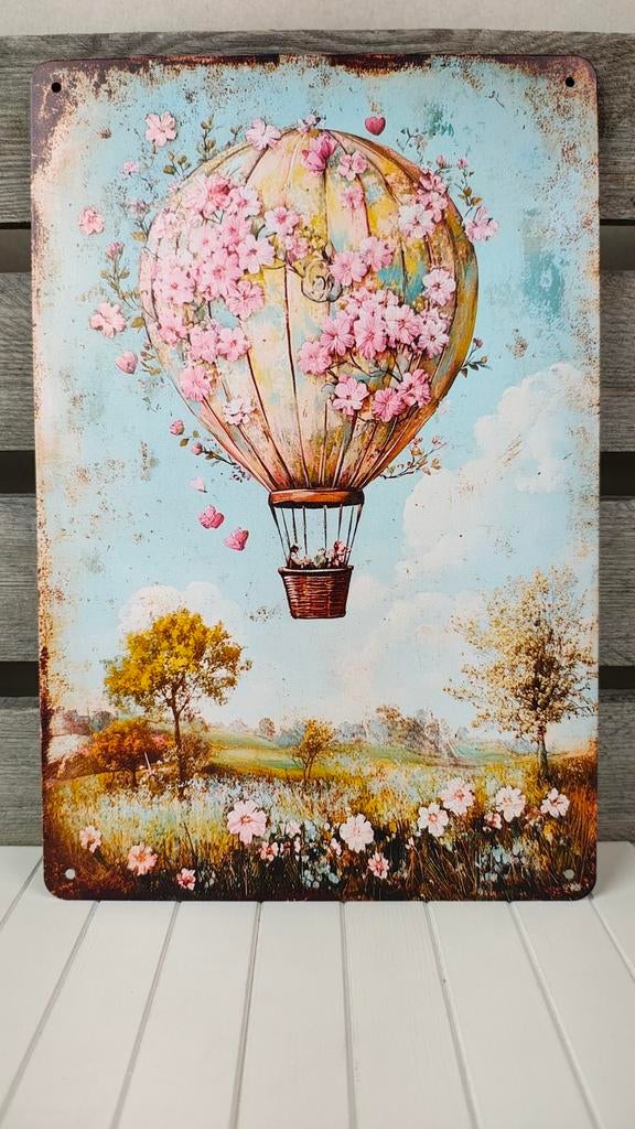 Decoratief Metalen Bord Bloemenballon - Vintage Look Wanddec, Verzenden, Minder dan 50 cm, Schilderij, Minder dan 50 cm