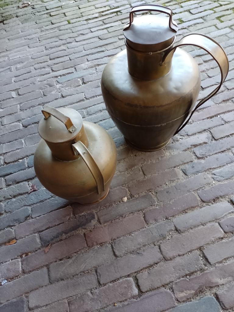 2 koperen messing melkkannen melkbus schenkkan, Ophalen of Verzenden