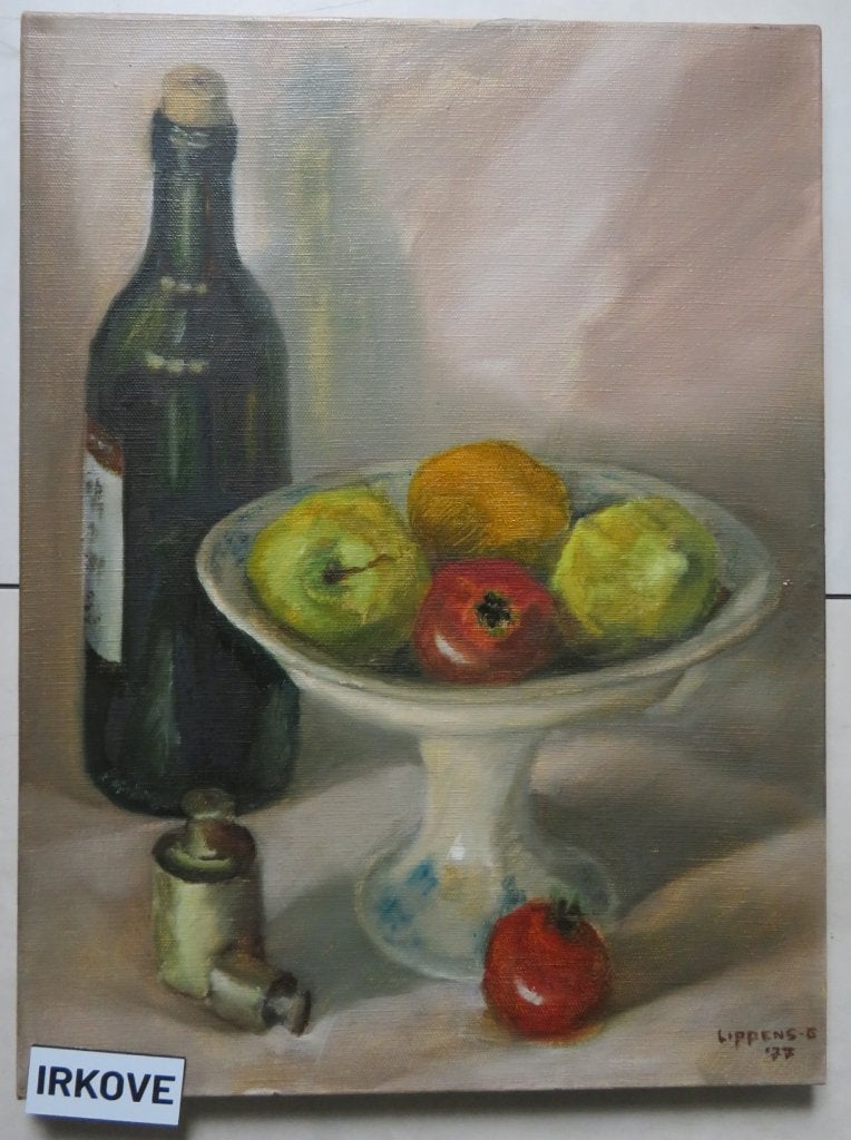 STILLEVEN WIJNFLES EN FRUIT * OLIEVERF op Linnen *, Antiek en Kunst, Doek, Stilleven, Ophalen of Verzenden, Olieverf