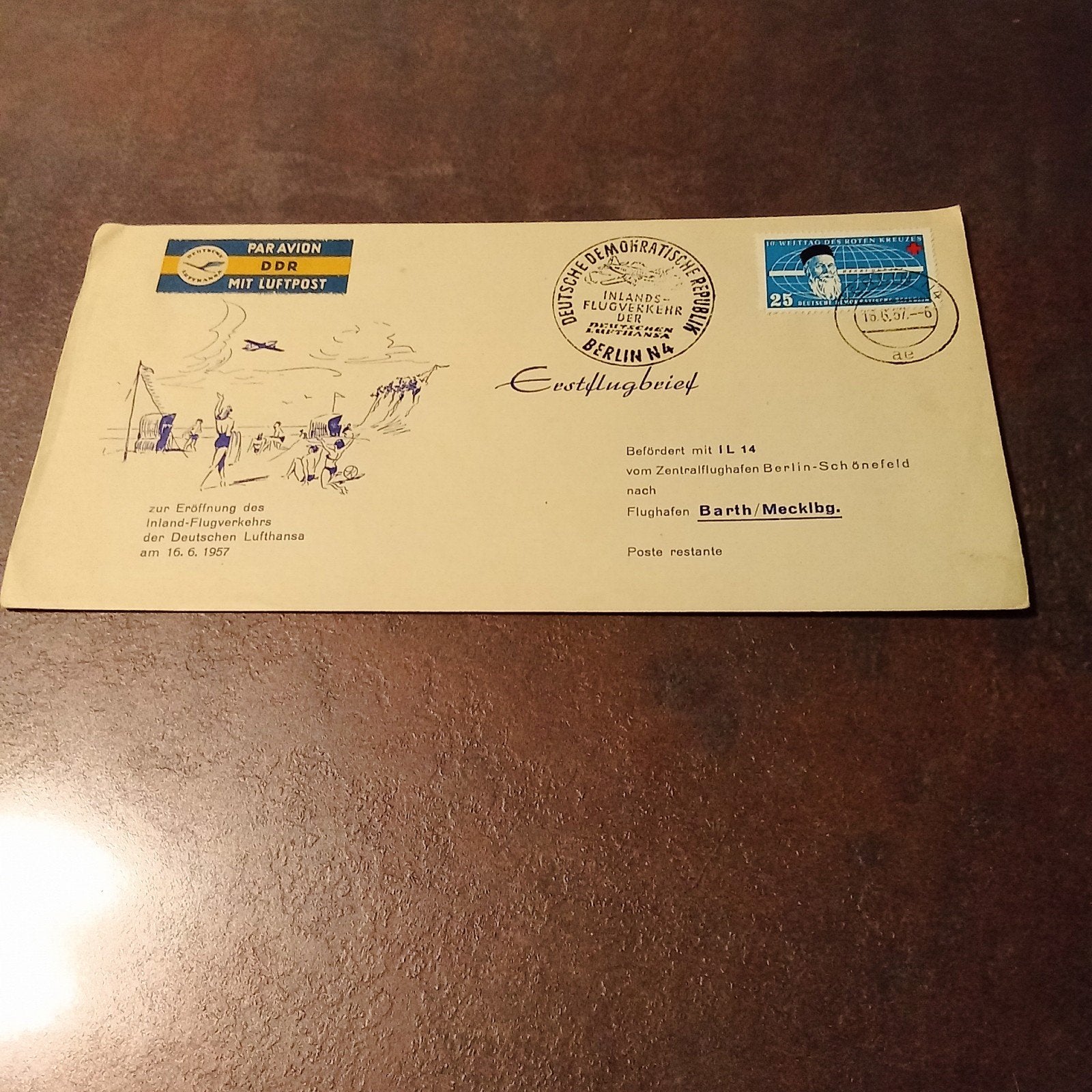 DDR Eerste vlucht envelop 1957 Lufthansa, Ophalen of Verzenden