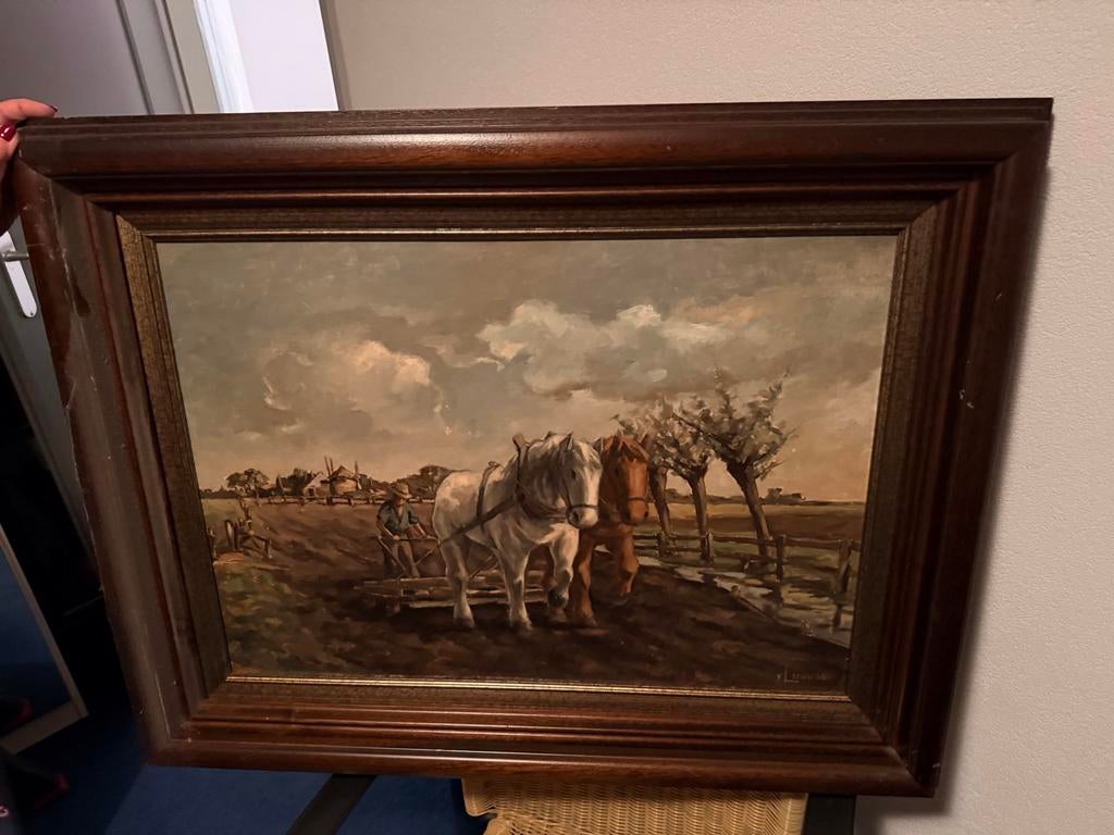 Schilderij Henk van Leeuwen - Ploegende paarden, Ophalen