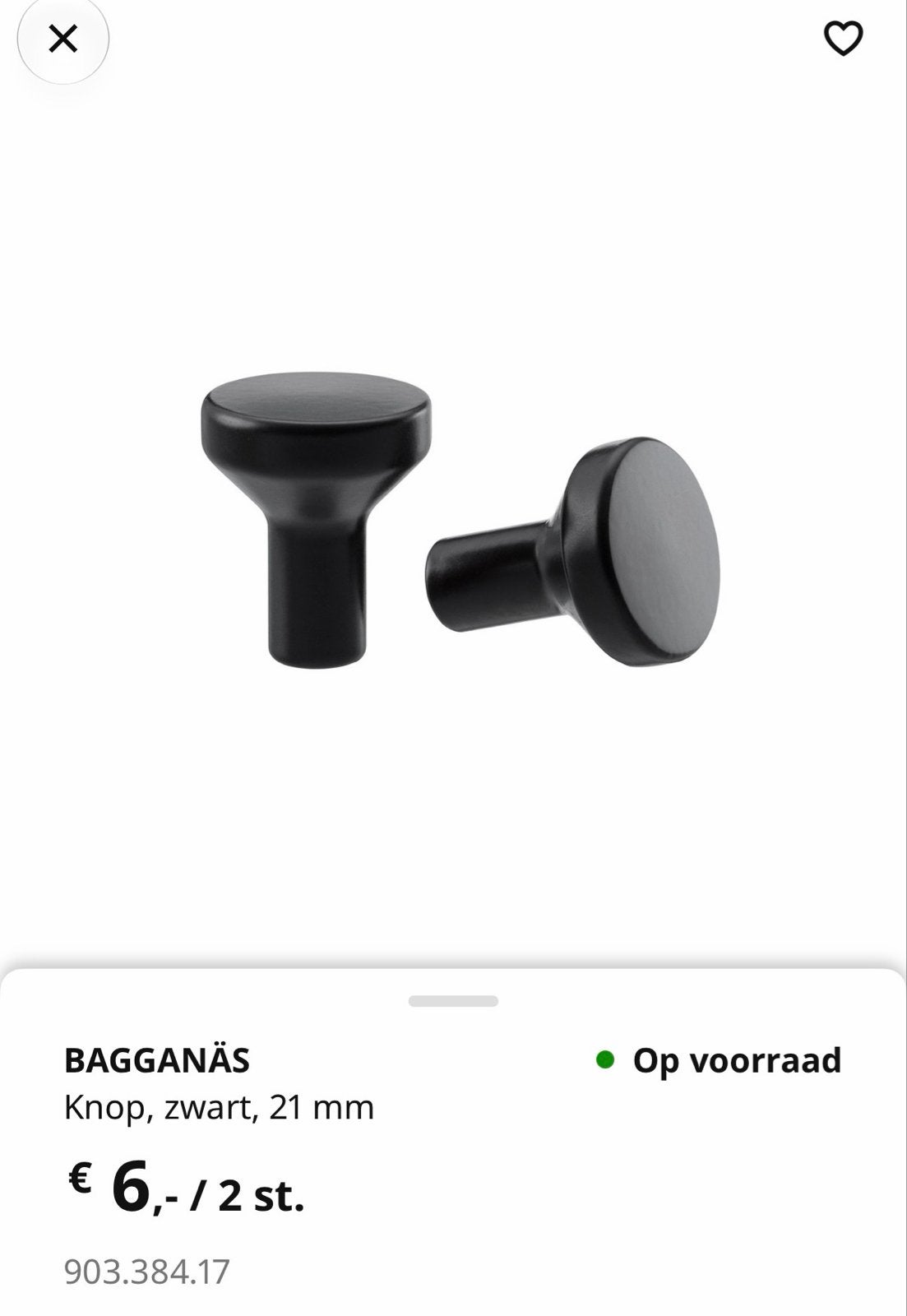 6x IKEA BAGGANÄS Knoppen, zwart, 21 mm (6 stuks), Ophalen of Verzenden, Nieuw