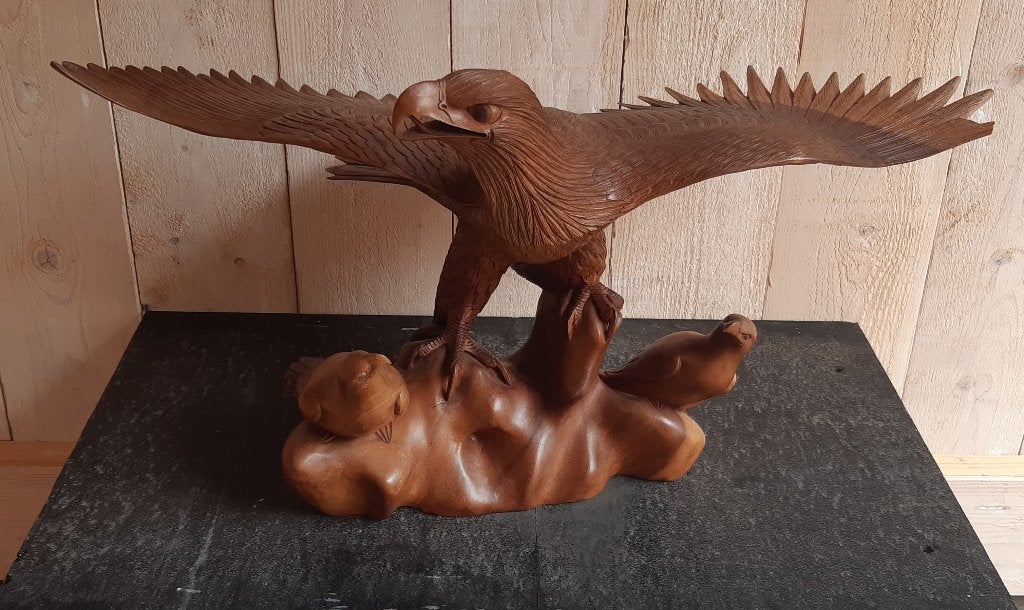 Zeer groot houtsnijwerk roofvogel, Ophalen, 50 - 100 cm, Hout, Bruin
