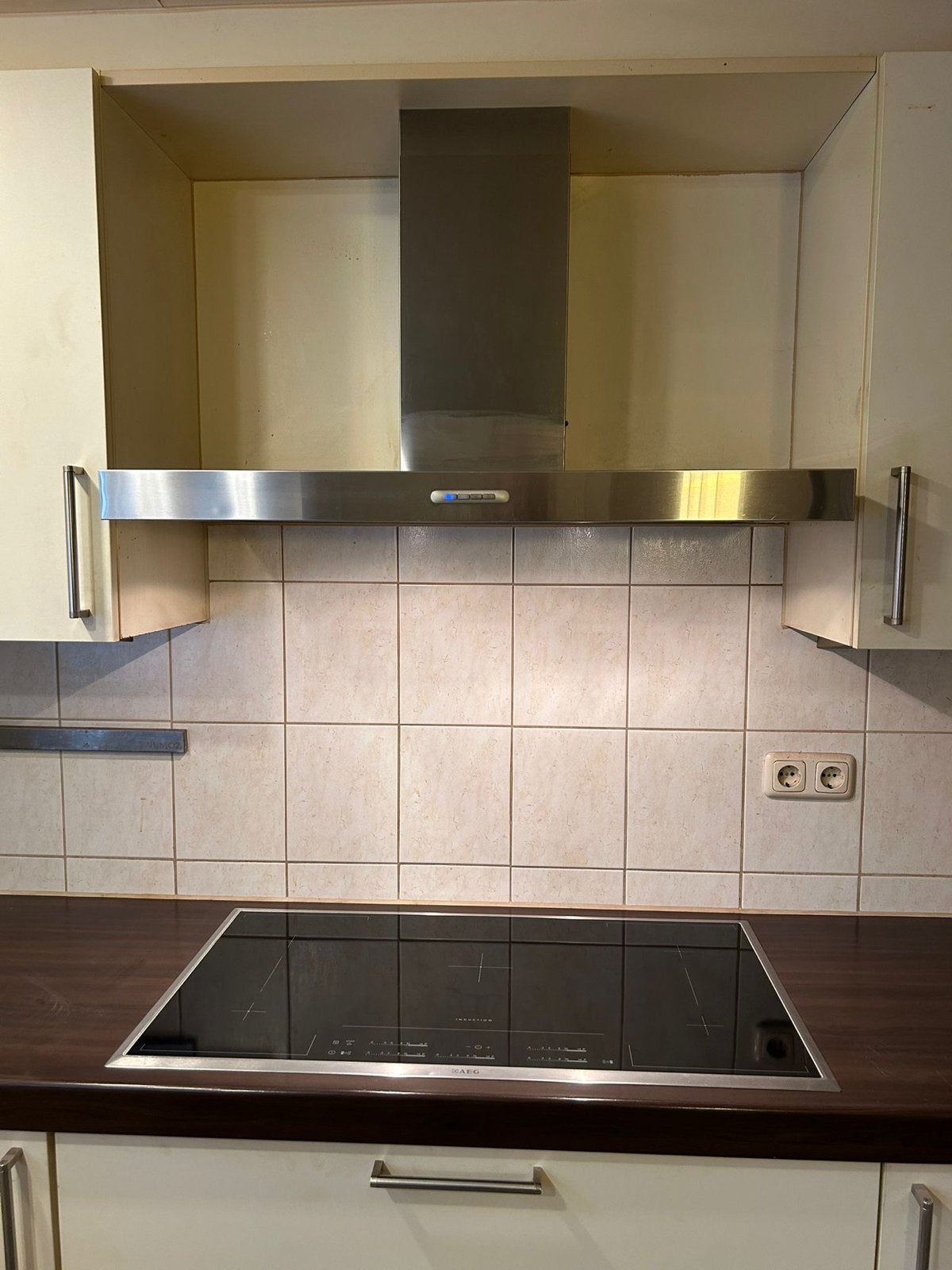 Inductie kookplaat met afzuigkap 90 cm breed, 5 zones, Ophalen, Gebruikt, 60 cm of meer, Inbouw