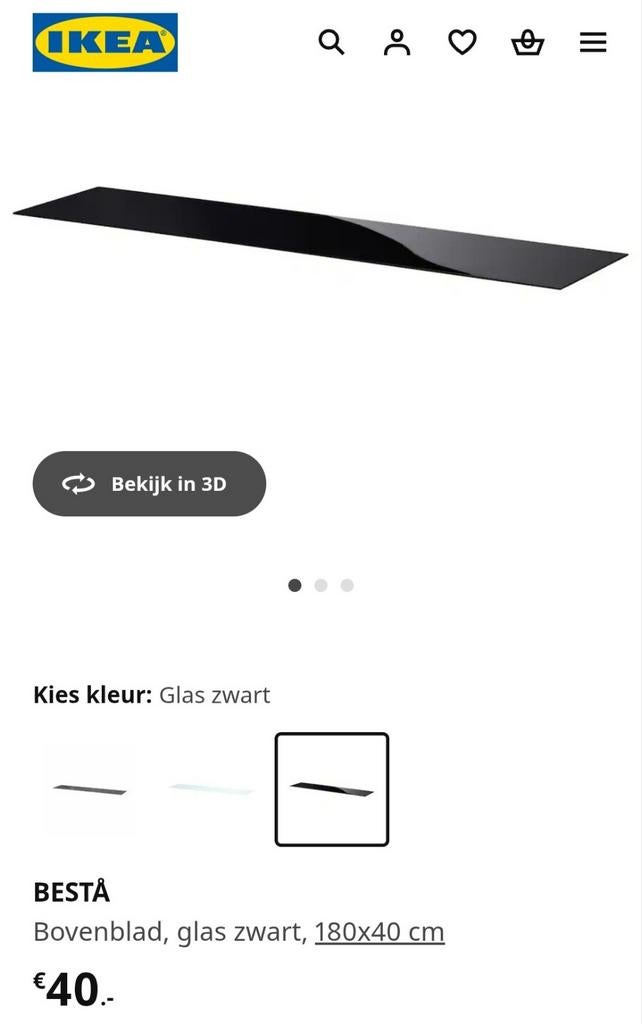 Ikea Besta bovenblad glas zwart 180x40cm zgan, Ophalen, Minder dan 100 cm, 25 tot 50 cm, Glas