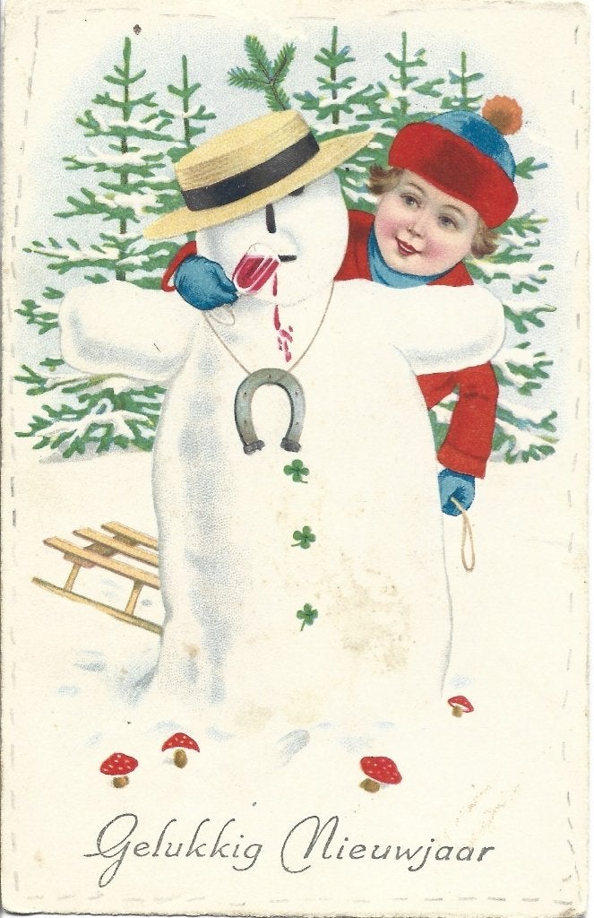 Vintage*Gelukkig Nieuwjaar*Meisje*Sneeuwpop met Hoefijzer, Ophalen of Verzenden, 1920 tot 1940, Gelopen, Feest(dag)