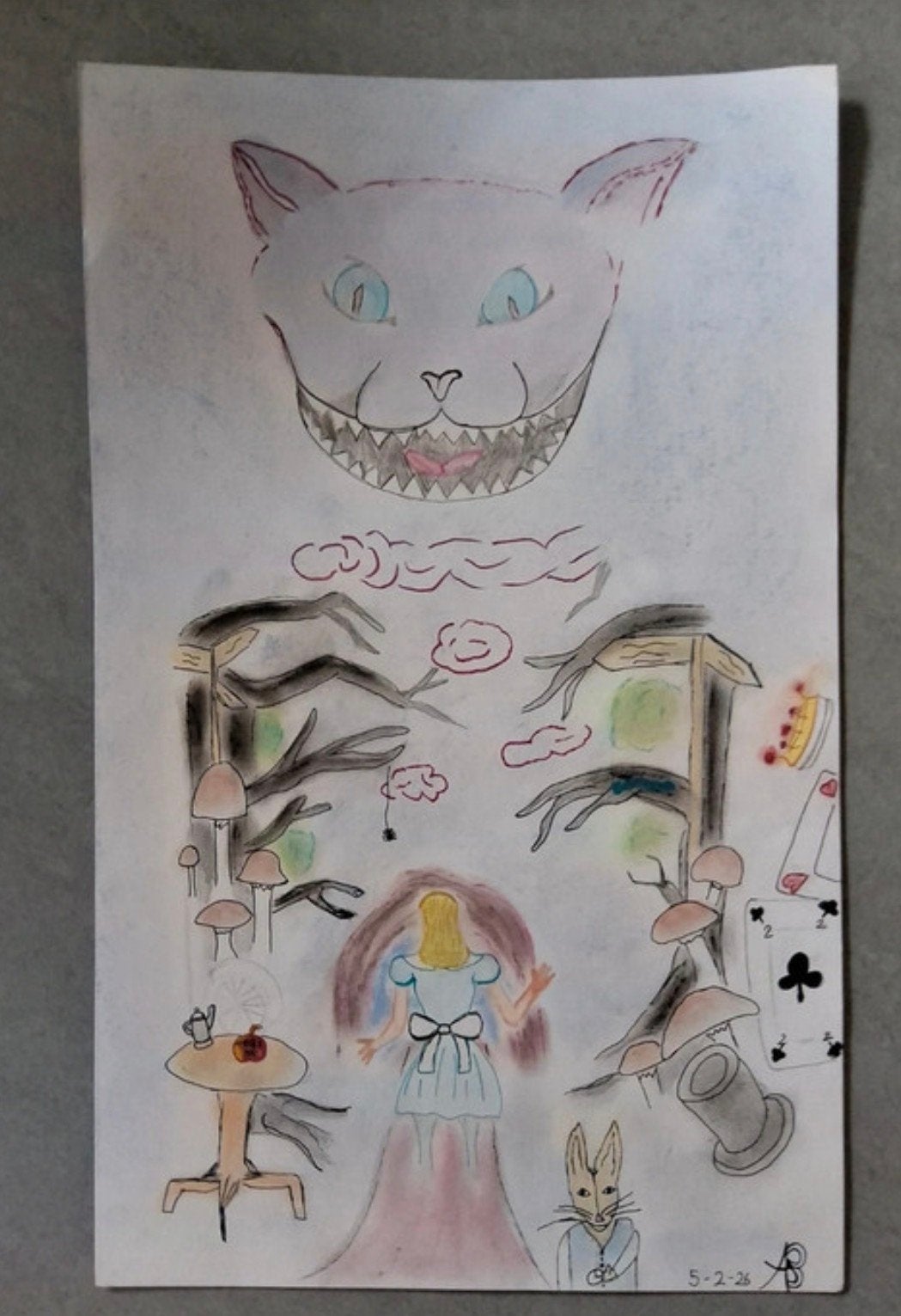Alice in Wonderland Tekening - Cheshire Kat & Alice, Antiek en Kunst, Kunst | Tekeningen en Foto's, Tekening, Potloodtekening