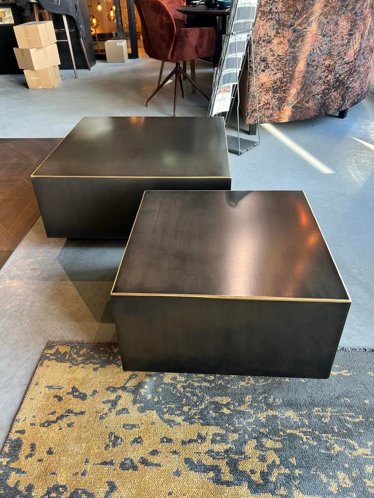 Ptmd Irvy Salontafel Set - Zwart Nickel met Gouden Randje, Vierkant, Zo goed als nieuw, Metaal, 50 tot 100 cm