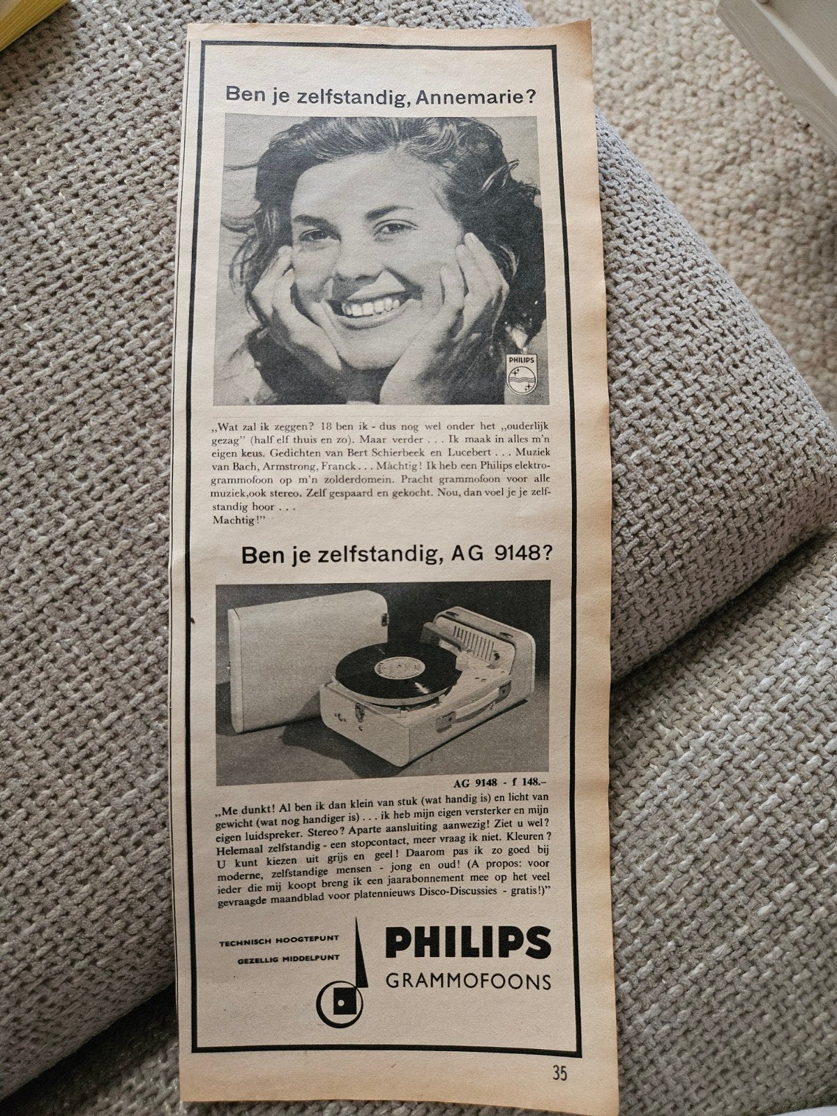 Philips AG 9148 Elektro-grammofoon reclame  - Vintage Platen, Ophalen of Verzenden, Philips