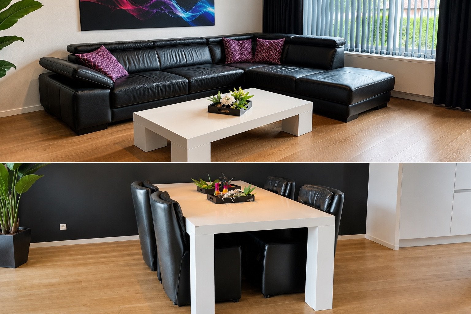 Complete meubelset – zwarte hoekbank + 2 tafels + 4 stoelen, Ophalen