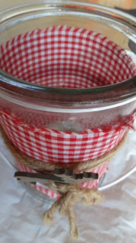 Glazen windlicht met rood-wit geruit lint en touw is , ZGAN, Windlicht, Meerkleurig, Overige merken, Ophalen of Verzenden