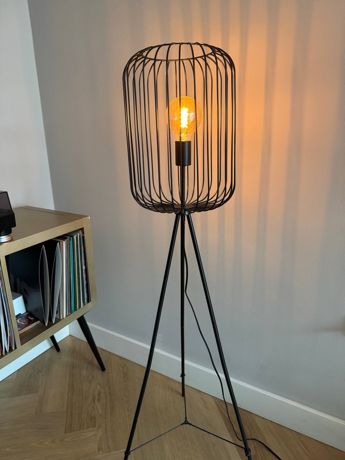 Stijlvolle zwarte vloerlamp met kooikap en Edison lamp, 100 tot 150 cm, Zo goed als nieuw, Metaal, E27 (groot)