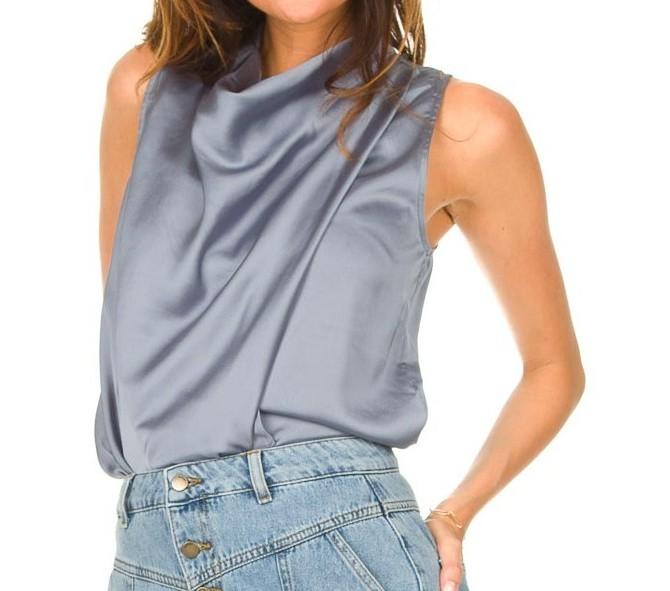 Dante 6 top maat 1 = 34 XS blauw glans gedrapeerd Adante, Dante 6, Zo goed als nieuw, Zonder mouw, Maat 34 (XS) of kleiner
