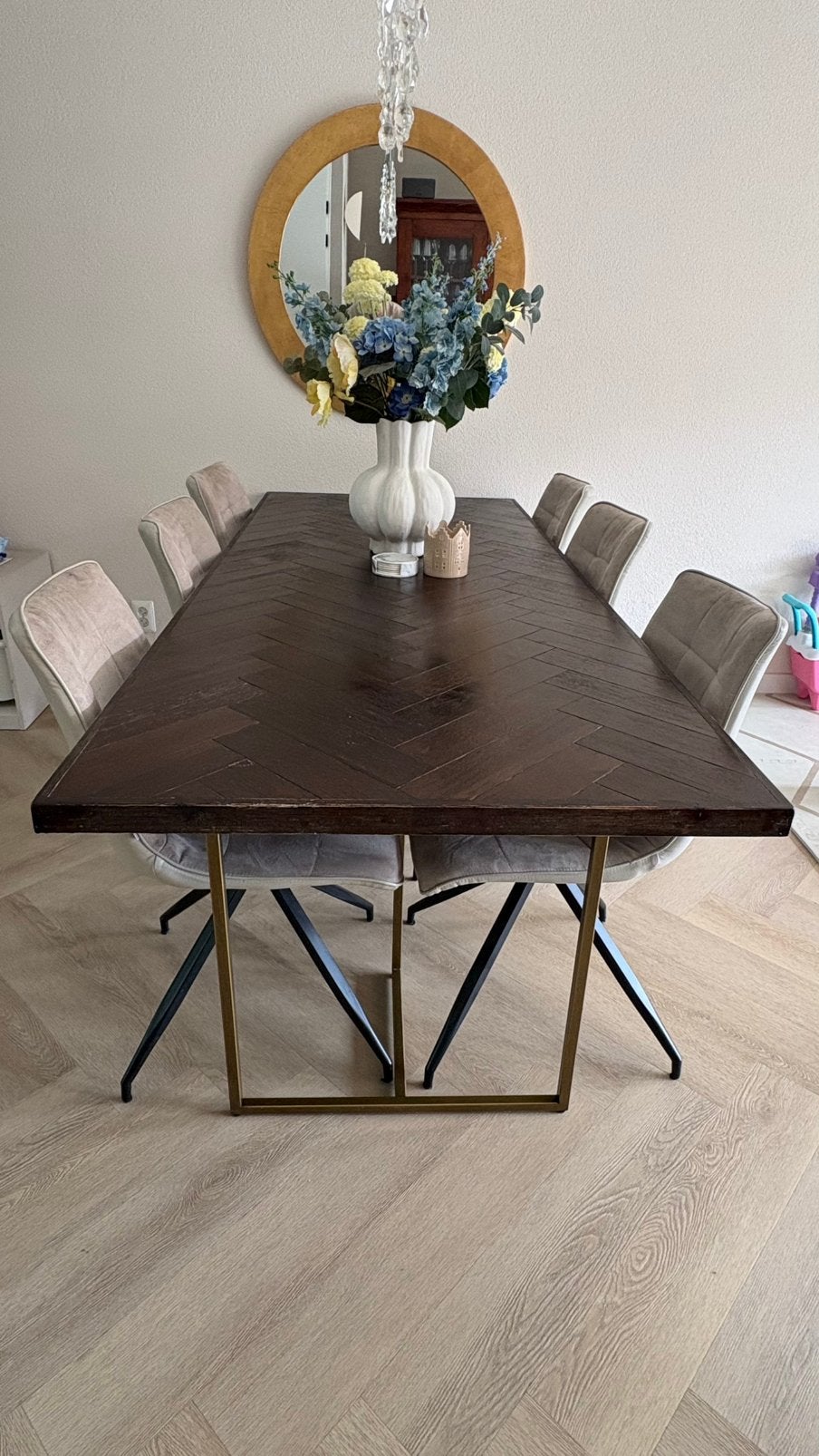 Eettafel visgraat met 6 stoelen, Ophalen, 200 cm of meer, 50 tot 100 cm, Zo goed als nieuw