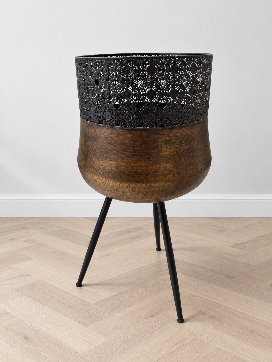 Intratuin - Planten pot op voet goud zwart - 30x30x58cm, Ophalen, Rond, Zo goed als nieuw, Minder dan 25 cm