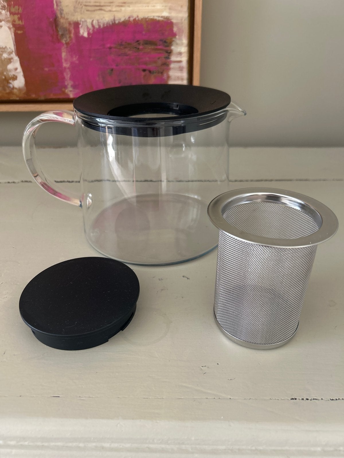 Glazen theepot met RVS filter - perfect voor losse thee, Theepot/fluitketel, Ophalen of Verzenden, Zo goed als nieuw, Glas