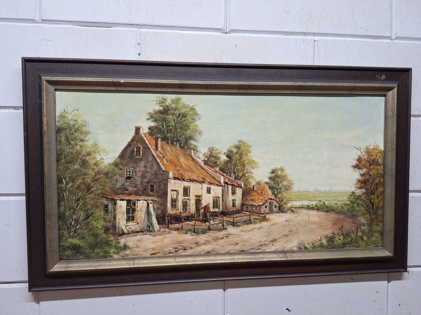 Olieverfschilderij: Boerderijlandschap met water, Antiek en Kunst, Kunst | Schilderijen | Klassiek, Ophalen of Verzenden