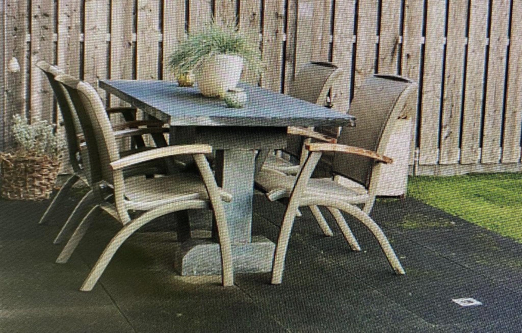 Natuurstenen tuintafel incl 4 Hartman stoelen, Ophalen, Gebruikt, Rechthoekig, Overige materialen