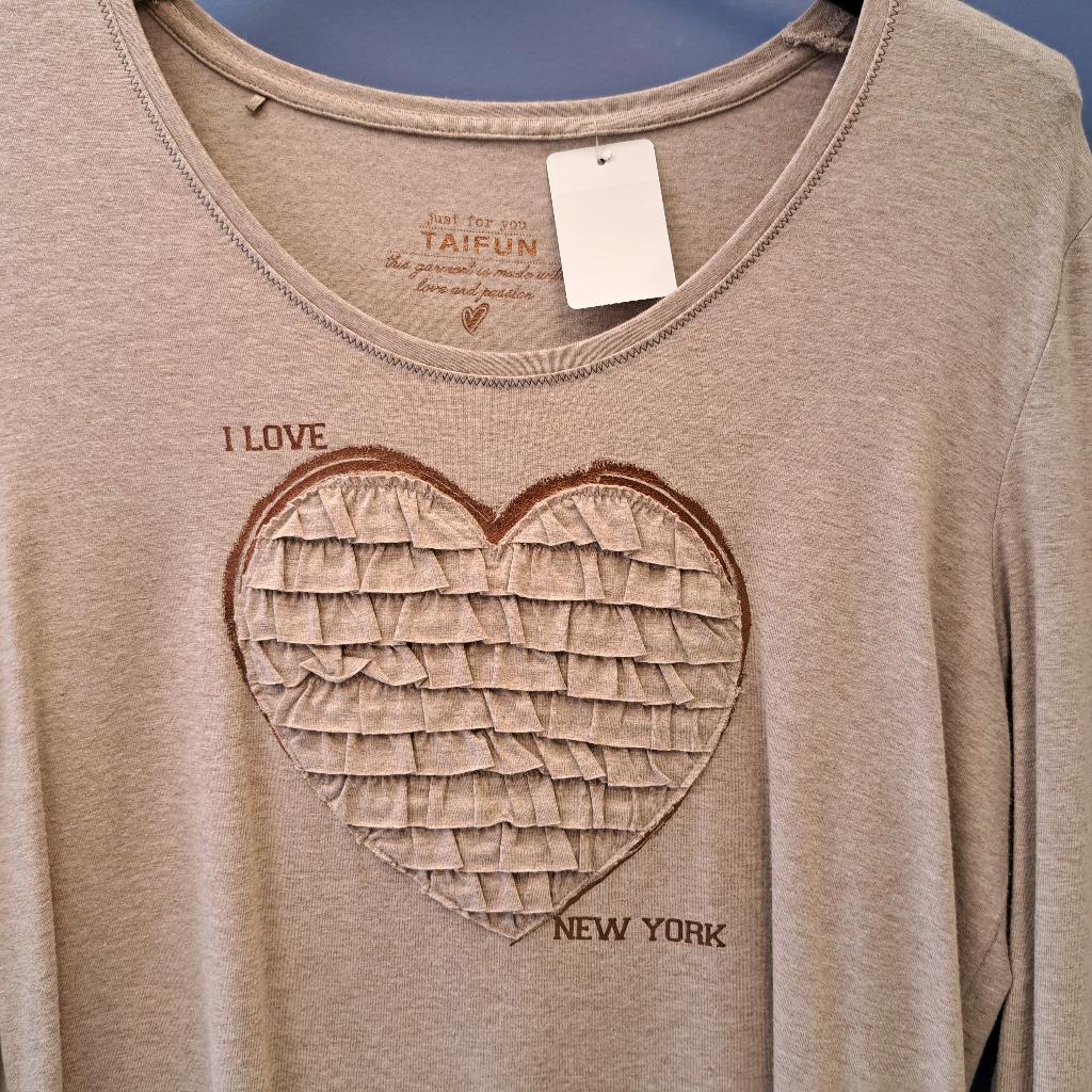 Taifun shirt / longsleeve beige + ruffle hart voorop L 36683, Taifun, ., Beige, Maat 42/44 (L)