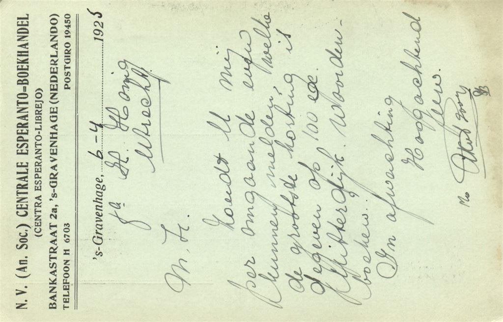 NV Centrale Esperanto-Boekhandel, s-Gravenhage - 04.1925 - b, Postzegels en Munten, Ophalen of Verzenden, Briefkaart