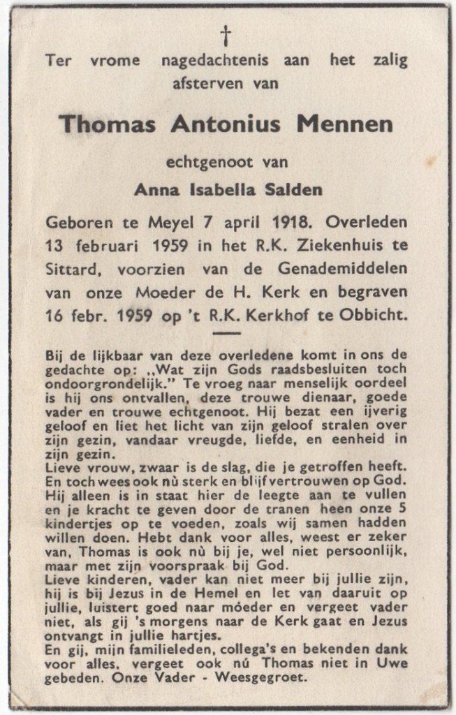 Thomas A. Mennen 1918 Meijel + 1959 Sittard, 40 jaar oud, Verzenden
