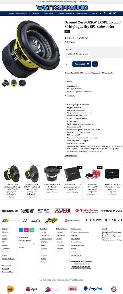 Ground Zero GZRW 8XSPL 8 inch 1000W Subwoofer, ., Nieuw, Ophalen of Verzenden, .
