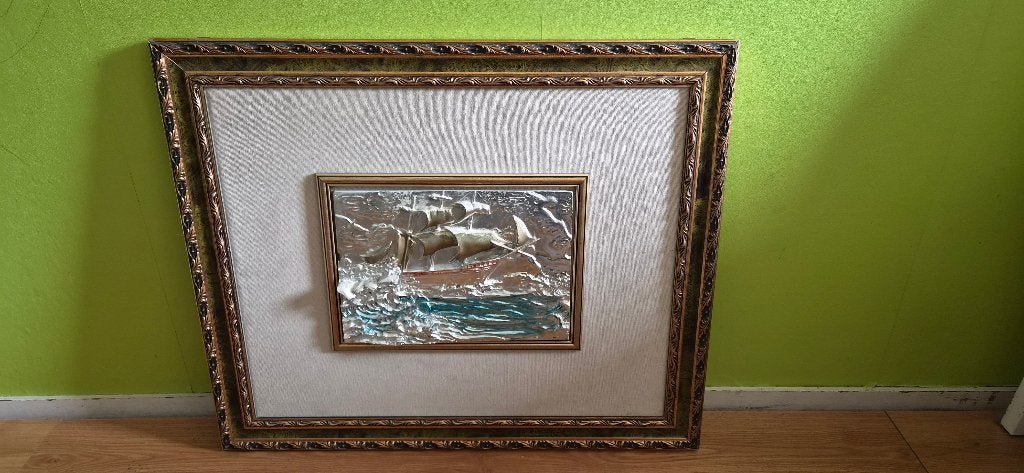 3D Metalen Reliëf Schilderij Zeilschip in Gouden Lijst, Ophalen, Overig onderwerp, 3D-effect, Overige technieken