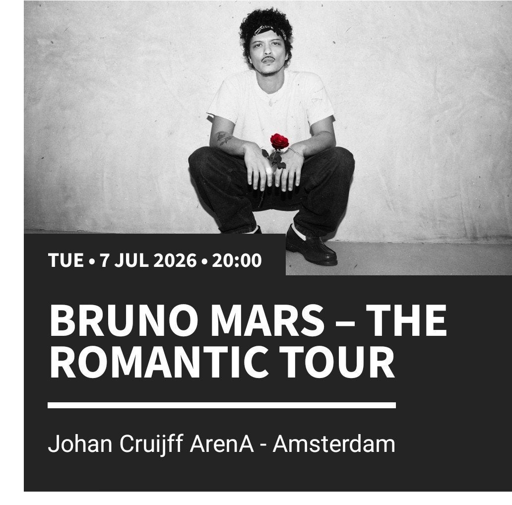 Mooie plek! Eerste ring ticket! Bruno Mars Final show 7 juli, Tickets en Kaartjes, Evenementen en Festivals, Eén persoon