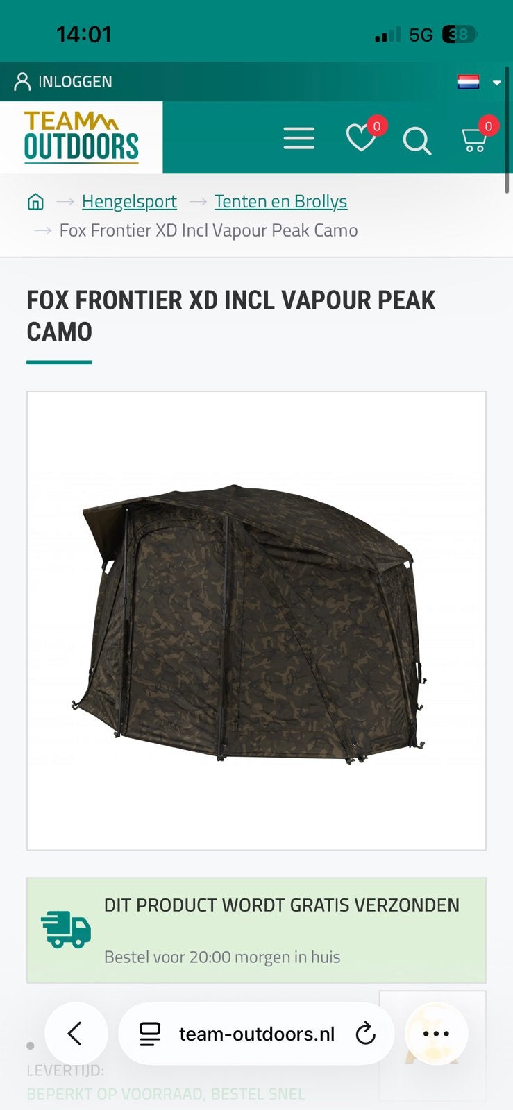 FOX FRONTIER XD INCL VAPOUR PEAK CAMO nash jrc jag avid bb, Watersport en Boten, Ophalen of Verzenden, Zo goed als nieuw, Overige typen
