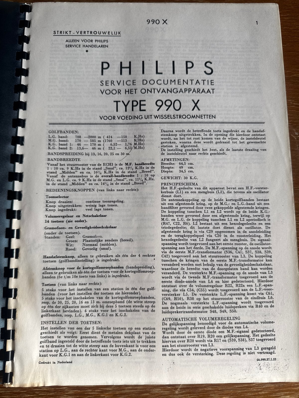 Philips Type 990 X Service Documentatie Ontvangapparaat, Ophalen of Verzenden, Gebruikt, Audio