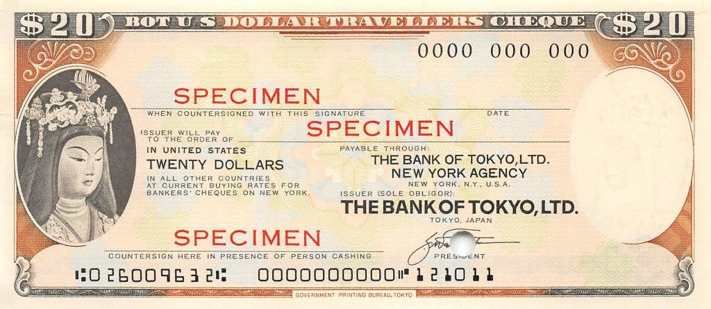 Bank of Tokyo Japanse $20 Dollar Specimen Travellers Cheque, Ophalen of Verzenden, Zuidoost-Azië, Los biljet