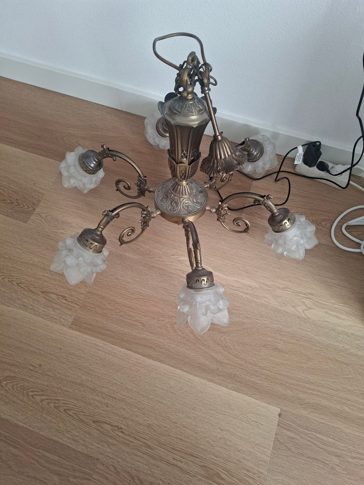 Vintage bronzen kroonluchter met 6 armen, Antiek en Kunst, Ophalen of Verzenden