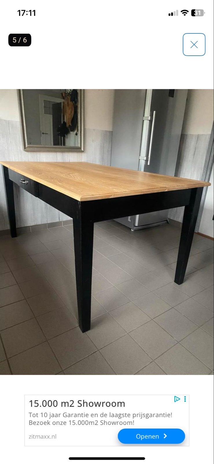 Massief eiken tafel met lade en 2 stoelen, Huis en Inrichting, Ophalen, Eikenhout, 50 tot 100 cm, Vijf personen of meer